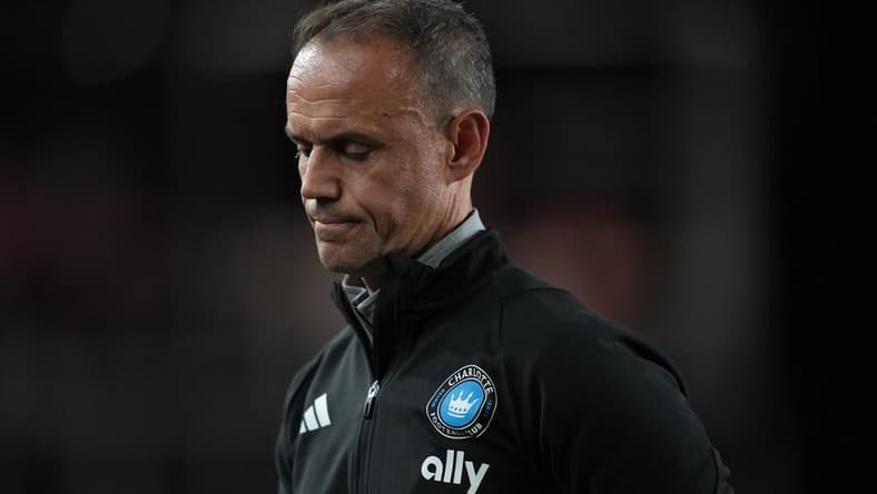 Oct 18, 2023; Fort Lauderdale, Florida, USA; Charlotte FC head coach Christian Lattanzio reacts during the second half at DRV PNK Stadium. Mandatory Credit: Jim Rassol-USA TODAY Sports