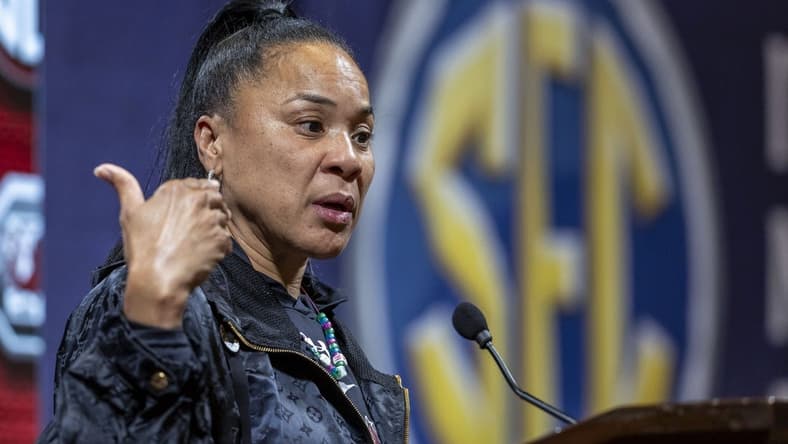 Oct 19, 2023; Birmingham, AL, USA; South Carolina Gamecocks head coach Dawn Staley talks with the media during the SEC Basketball Tipoff at Grand Bohemian Hotel Mountain Brook. Mandatory Credit: Vasha Hunt-USA TODAY Sports