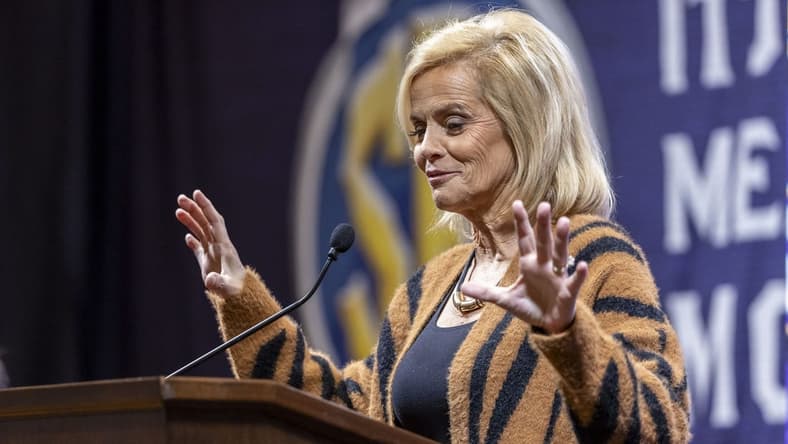 Oct 19, 2023; Birmingham, AL, USA; LSU Tigers head coach Kim Mulkey talks with the media during the SEC Basketball Tipoff at Grand Bohemian Hotel Mountain Brook. Mandatory Credit: Vasha Hunt-USA TODAY Sports