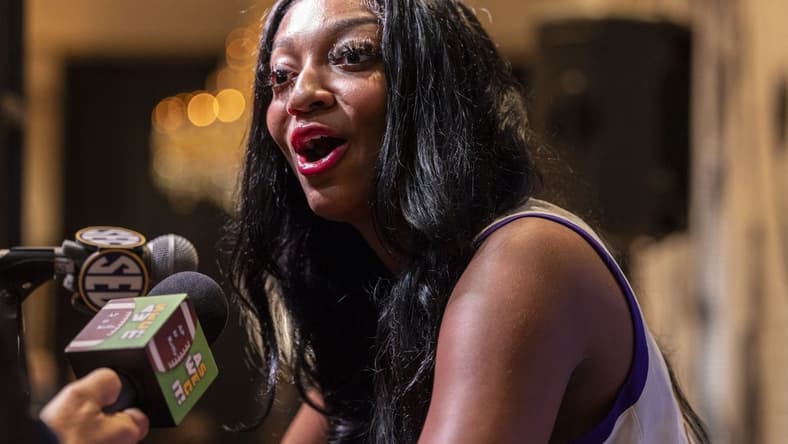 Oct 19, 2023; Birmingham, AL, USA; LSU Tigers forward Angel Reese talks with the media during the SEC Basketball Tipoff at Grand Bohemian Hotel Mountain Brook. Mandatory Credit: Vasha Hunt-USA TODAY Sports