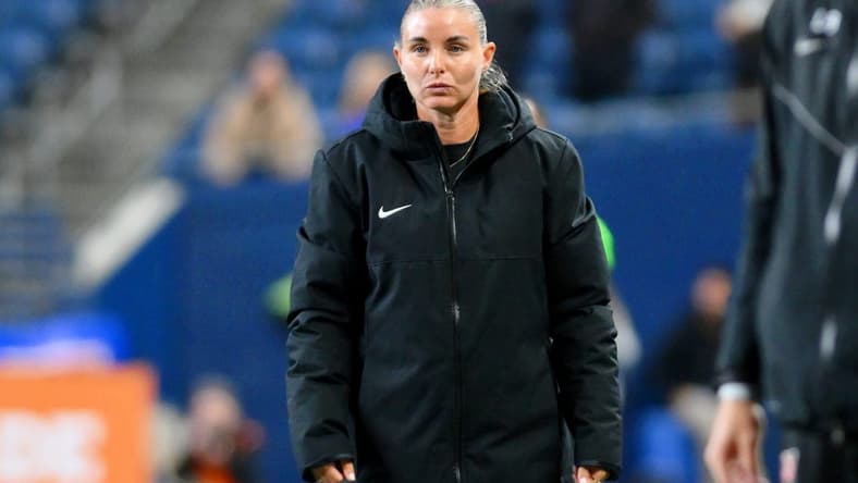 Oct 20, 2023; Seattle, Washington, USA; Angel City FC interim head coach Becki Tweed looks on against OL Reign during the second half at Lumen Field. Mandatory Credit: Steven Bisig-USA TODAY Sports