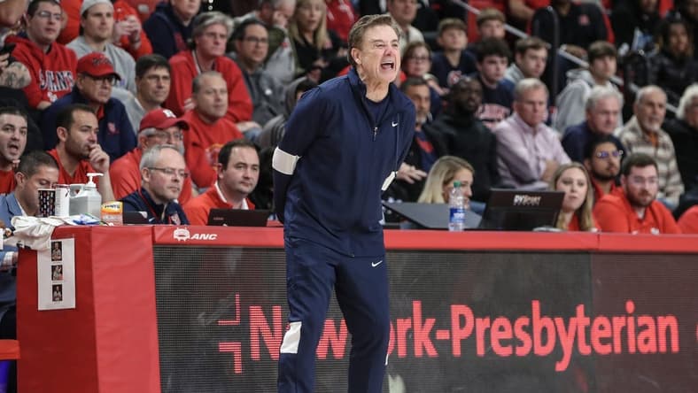 Oct 21, 2023; Queens, NY, USA; St. John's head coach Rick Pitino yells out instructions in the first half against the Rutgers Scarlet Knights at Carnesecca Arena. Mandatory Credit: Wendell Cruz-USA TODAY Sports