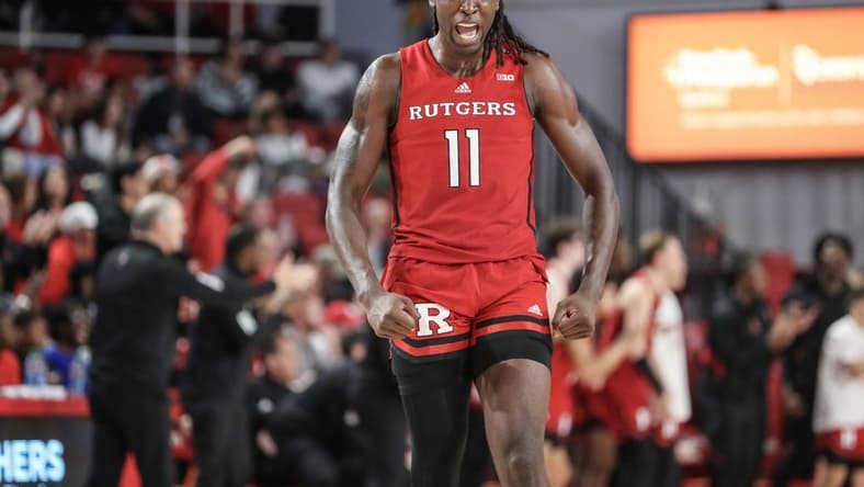 Oct 21, 2023; Queens, NY, USA;  Rutgers Scarlet Knights center Clifford Omoruyi (11) reacts after the St. John's Red Storm call a time out in the second half at Carnesecca Arena. Mandatory Credit: Wendell Cruz-USA TODAY Sports