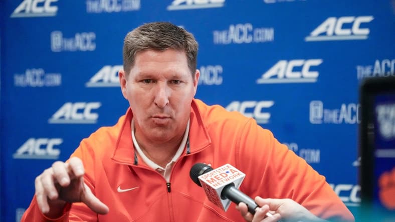 Oct 25, 2023; Charlotte, NC, USA;  Clemson coach Brad Brownell  speaks to the media during the ACC Tipoff at Hilton Charlotte Uptown. Mandatory Credit: Jim Dedmon-USA TODAY Sports