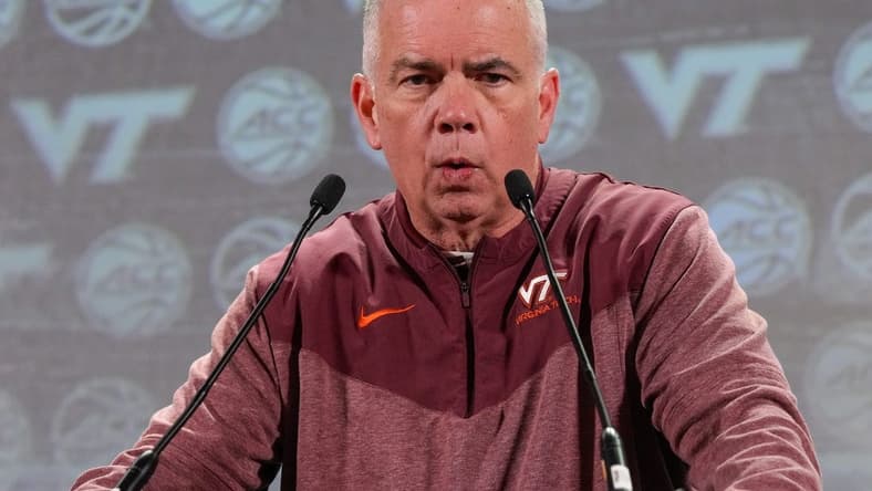 Oct 25, 2023; Charlotte, NC, USA;   Virginia Tech coach Mike Young  speaks to the media during the ACC Tipoff at Hilton Charlotte Uptown. Mandatory Credit: Jim Dedmon-USA TODAY Sports