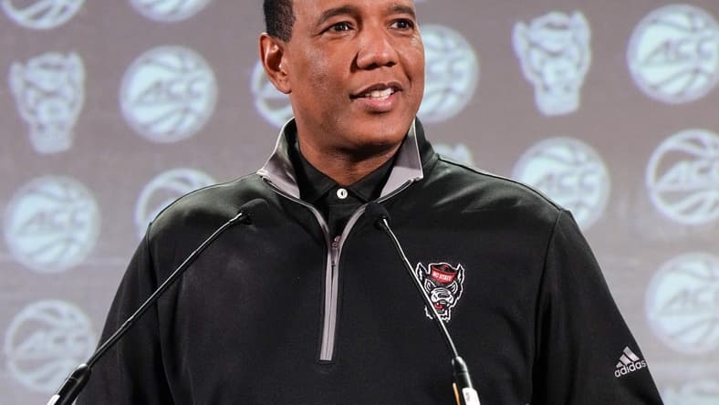 Oct 25, 2023; Charlotte, NC, USA;  North Carolina State coach Kevin Keatts  speaks to the media during the ACC Tipoff at Hilton Charlotte Uptown. Mandatory Credit: Jim Dedmon-USA TODAY Sports