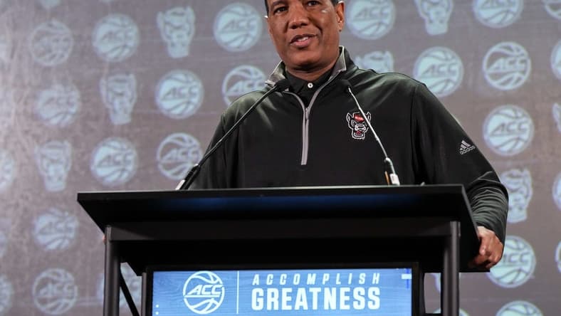 Oct 25, 2023; Charlotte, NC, USA;  North Carolina State coach Kevin Keatts  speaks to the media during the ACC Tipoff at Hilton Charlotte Uptown. Mandatory Credit: Jim Dedmon-USA TODAY Sports