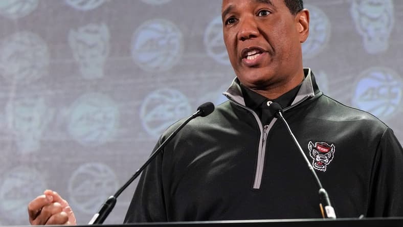 Oct 25, 2023; Charlotte, NC, USA; North Carolina State coach Kevin Keatts  speaks to the media during the ACC Tipoff at Hilton Charlotte Uptown. Mandatory Credit: Jim Dedmon-USA TODAY Sports