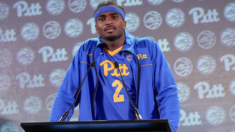 Oct 25, 2023; Charlotte, NC, USA;  Pittsburgh Panthers player Blake Hinson speaks to the media during the ACC Tipoff at Hilton Charlotte Uptown. Mandatory Credit: Jim Dedmon-USA TODAY Sports