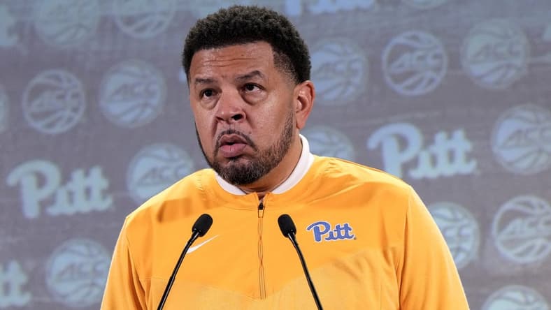 Oct 25, 2023; Charlotte, NC, USA;   Pittsburgh Panthers coach Jeff Capel speaks to the media during the ACC Tipoff at Hilton Charlotte Uptown. Mandatory Credit: Jim Dedmon-USA TODAY Sports