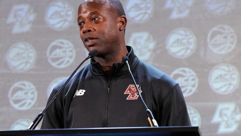 Oct 25, 2023; Charlotte, NC, USA; Boston College coach Earl Grant speaks to the media during the ACC Tipoff at Hilton Charlotte Uptown. Mandatory Credit: Jim Dedmon-USA TODAY Sports
