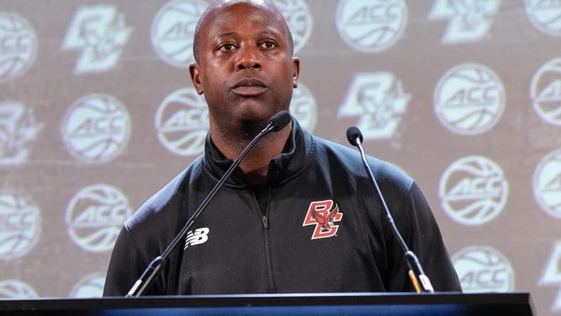 Oct 25, 2023; Charlotte, NC, USA;  Boston College coach Earl Grant speaks to the media during the ACC Tipoff at Hilton Charlotte Uptown. Mandatory Credit: Jim Dedmon-USA TODAY Sports