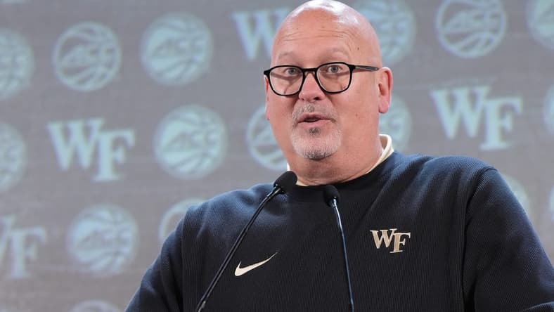 Oct 25, 2023; Charlotte, NC, USA;   Wake Forest coach Steve Forbes  speaks to the media during the ACC Tipoff at Hilton Charlotte Uptown. Mandatory Credit: Jim Dedmon-USA TODAY Sports