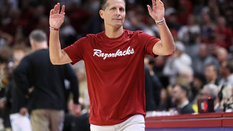 Oct 28, 2023; Fayetteville, AR, USA; Arkansas Razorbacks head coach Eric Musselman reacts to a call in the second half  against the Purdue Boilermakers at Bud Walton Arena. Arkansas won 81-77. Mandatory Credit: Nelson Chenault-USA TODAY Sports