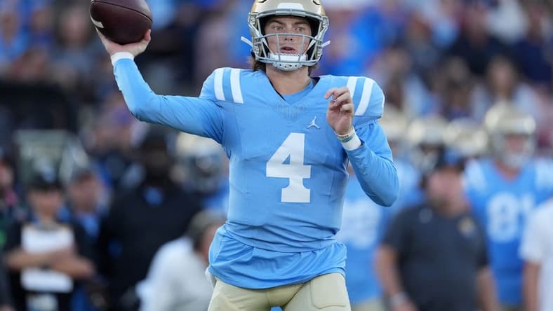 Oct 28, 2023; Pasadena, California, USA; UCLA Bruins quarterback Ethan Garbers (4) throws the ball against the Colorado Buffaloes in the first half at Rose Bowl. Mandatory Credit: Kirby Lee-USA TODAY Sports
