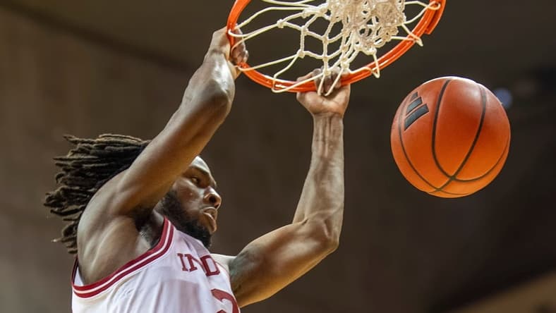 Indiana's Mackenzie Mgbako (21) dunks during the Indiana versus University of Indianapolis men's basketball game at Simon Skjodt Assembly Hall on Sunday, Oct. 29, 2023.