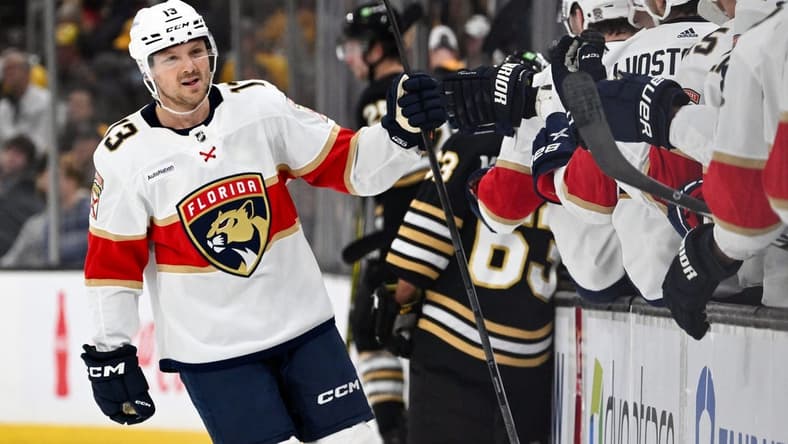 Oct 30, 2023; Boston, Massachusetts, USA; Florida Panthers center Sam Reinhart (13) celebrates with his teammates after scoring a goal against the Boston Bruins during the first period at the TD Garden. Mandatory Credit: Brian Fluharty-USA TODAY Sports
