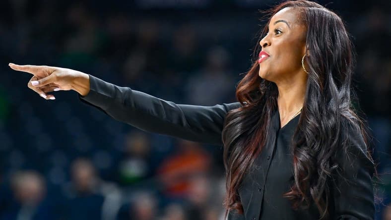 Notre Dame Fighting Irish head coach Niele Ivey signals to her players in the second half against Purdue Northwest Monday, Oct. 30, 2023, at the Purcell Pavilion.