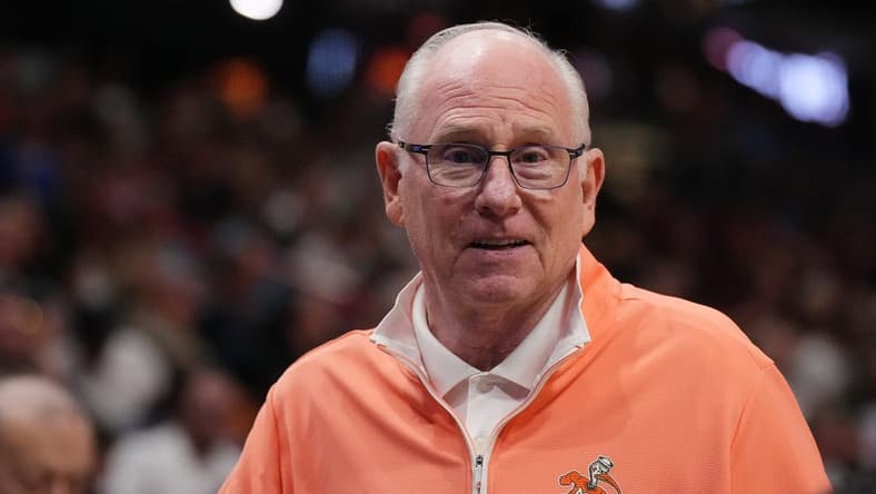 Nov 1, 2023; Miami, Florida, USA; Miami Hurricanes head coach Jim Larranaga in attendance for the game between the Miami Heat and the Brooklyn Nets during the first half at Kaseya Center. Mandatory Credit: Jasen Vinlove-USA TODAY Sports