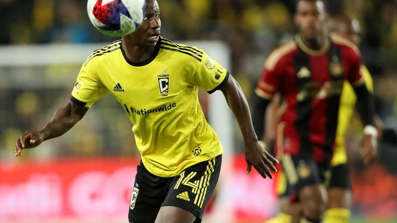 Nov 1, 2023; Columbus, Ohio, USA;Columbus Crew midfielder Yaw Yeboah (14) pursues the ball during the first half of game one against Atlanta United in a round one match of the 2023 MLS Cup Playoffs at Lower.com Field. Mandatory Credit: Joseph Maiorana-USA TODAY Sports