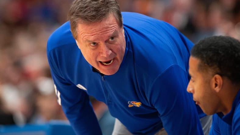 Kansas coach Bill Self yells down at his players during the second half of Wednesday's exhibition game against Fort Hays State inside Allen Fieldhouse.