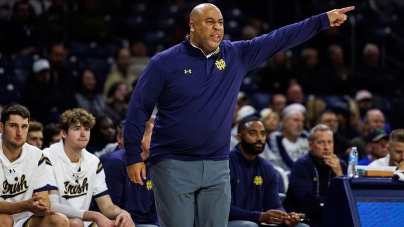 Notre Dame head coach Micah Shrewsberry during the Hanover College-Notre Dame NCAA Men   s basketball game on Wednesday, November 01, 2023, at Purcell Pavilion in South Bend, Indiana.
