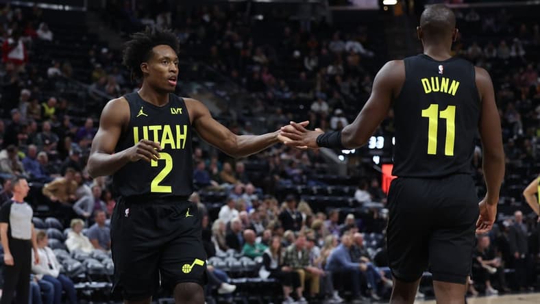 Nov 1, 2023; Salt Lake City, Utah, USA; Utah Jazz guard Collin Sexton (2) and guard Kris Dunn (11) react to the final buzzer in a game against the Memphis Grizzlies at Delta Center. Mandatory Credit: Rob Gray-USA TODAY Sports