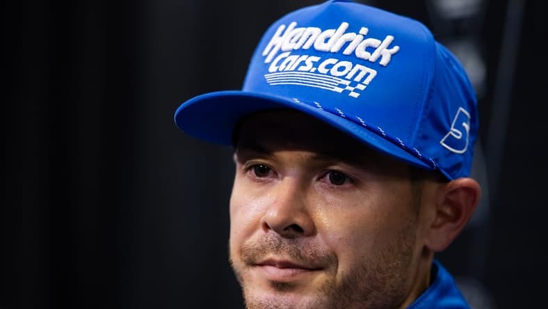Nov 2, 2023; Avondale, Arizona, USA; NASCAR Cup Series driver Kyle Larson speaks to the media during Championship Media Day at Phoenix Raceway. Mandatory Credit: Mark J. Rebilas-USA TODAY Sports