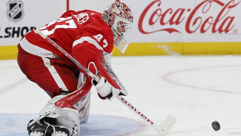 Nov 2, 2023; Detroit, Michigan, USA; Detroit Red Wings goaltender James Reimer (47) makes a save in the third period against the Florida Panthers at Little Caesars Arena. Mandatory Credit: Rick Osentoski-USA TODAY Sports