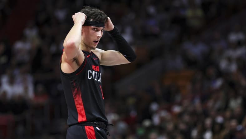 Nov 3, 2023; Miami, Florida, USA; Miami Heat guard Tyler Herro (14) looks on against the Washington Wizards during the second quarter at Kaseya Center. Mandatory Credit: Sam Navarro-USA TODAY Sports