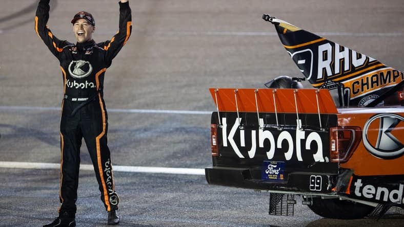 Nov 3, 2023; Avondale, Arizona, USA; NASCAR Truck Series driver Ben Rhodes celebrates after winning the Truck Series Championship during the Championship Race at Phoenix Raceway. Mandatory Credit: Mark J. Rebilas-USA TODAY Sports