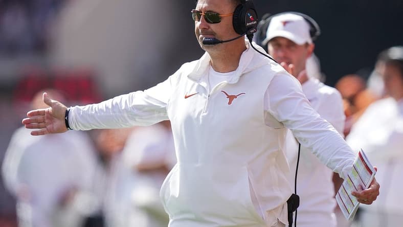 Texas Longhorns head coach Steve Sarkisian celebrates a score against Kansas State Wildcats in the second half of an NCAA college football game, Saturday, November. 4, 2023, in Austin, Texas. Texas Longhorns beat Kansas State Wildcats 33-30 in overtime.