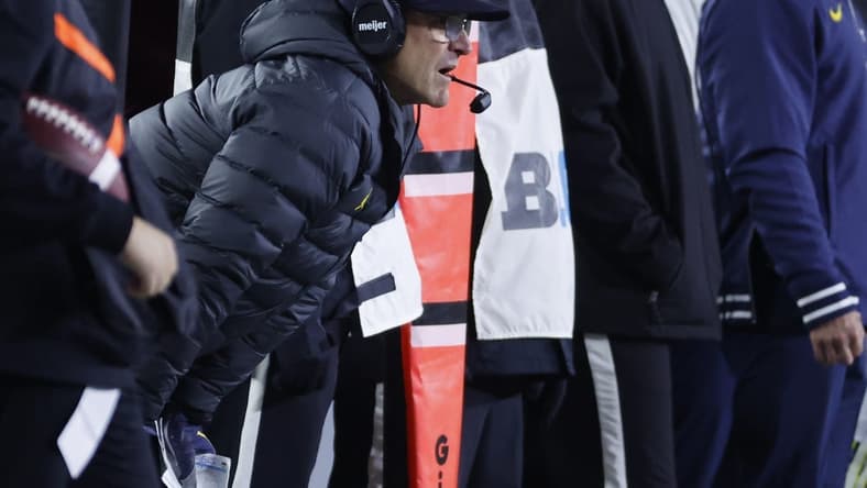 Nov 4, 2023; Ann Arbor, Michigan, USA; Michigan Wolverines head coach Jim Harbaugh on the sideline in the first half against the Purdue Boilermakers at Michigan Stadium. Mandatory Credit: Rick Osentoski-USA TODAY Sports