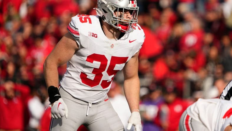 Nov 4, 2023; Piscataway, New Jersey, USA; Ohio State Buckeyes linebacker Tommy Eichenberg (35) lines up for a play during the NCAA football game against the Rutgers Scarlet Knights at SHI Stadium. Ohio State won 35-16.
