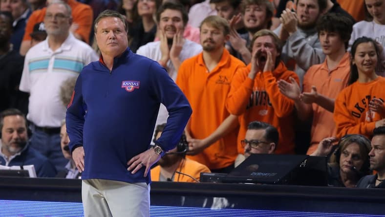 Kansas Jayhawks head coach Bill Self watches during a men's college basketball game between the Oklahoma State University Cowboys and the Kansas Jayhawks at Gallagher-Iba Arena in Stillwater, Okla., Wednesday, Feb. 15, 2023.
