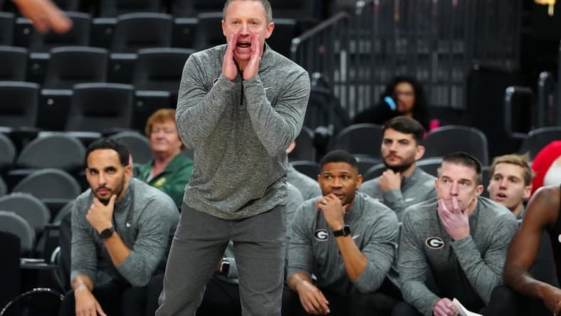Nov 6, 2023; Las Vegas, Nevada, USA; Georgia Bulldogs head coach Mike White shouts from the sideline during the second half against the Oregon Ducks at T-Mobile Arena. Mandatory Credit: Stephen R. Sylvanie-USA TODAY Sports