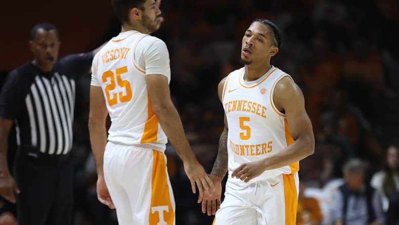 Nov 6, 2023; Knoxville, Tennessee, USA; Tennessee Volunteers guard Santiago Vescovi (25) and guard Zakai Zeigler (5) during the second half against the Tennessee Tech Golden Eagles at Food City Center at Thompson-Boling Arena. Mandatory Credit: Randy Sartin-USA TODAY Sports