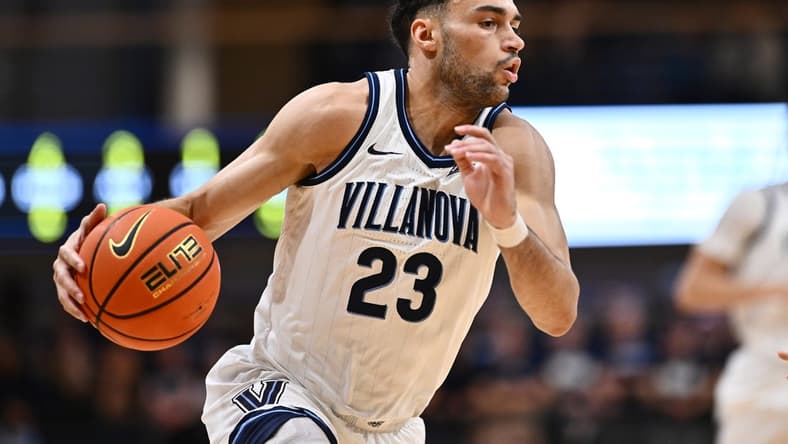 Nov 6, 2023; Villanova, Pennsylvania, USA; Villanova Wildcats forward Tyler Burton (23) drives against the American University Eagles in the first half at William B. Finneran Pavilion. Mandatory Credit: Kyle Ross-USA TODAY Sports
