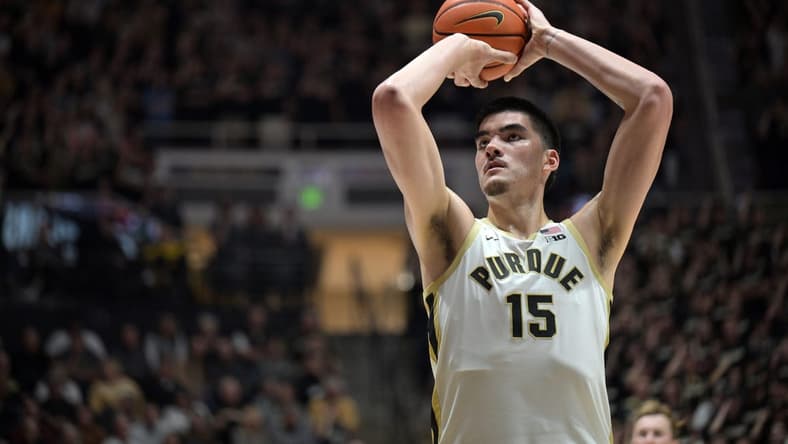 Nov 6, 2023; West Lafayette, Indiana, USA;Purdue Boilermakers center Zach Edey (15) shoots a free throw during the second half against the Samford Bulldogs  at Mackey Arena. Mandatory Credit: Marc Lebryk-USA TODAY Sports