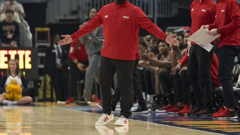 Nov 6, 2023; Milwaukee, Wisconsin, USA;  Northern Illinois Huskies head coach Rashon Burno reacts to a call during the first half against the Marquette Golden Eagles at Fiserv Forum. Mandatory Credit: Jeff Hanisch-USA TODAY Sports