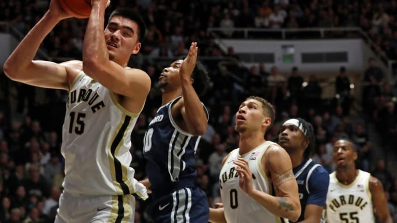 Purdue Boilermakers center Zach Edey (15) grabs a rebound during the NCAA men   s basketball game against the Samford Bulldogs, Monday, Nov. 6, 2023, at Mackey Arena in West Lafayette, Ind. Purdue Boilermakers won 98-45.