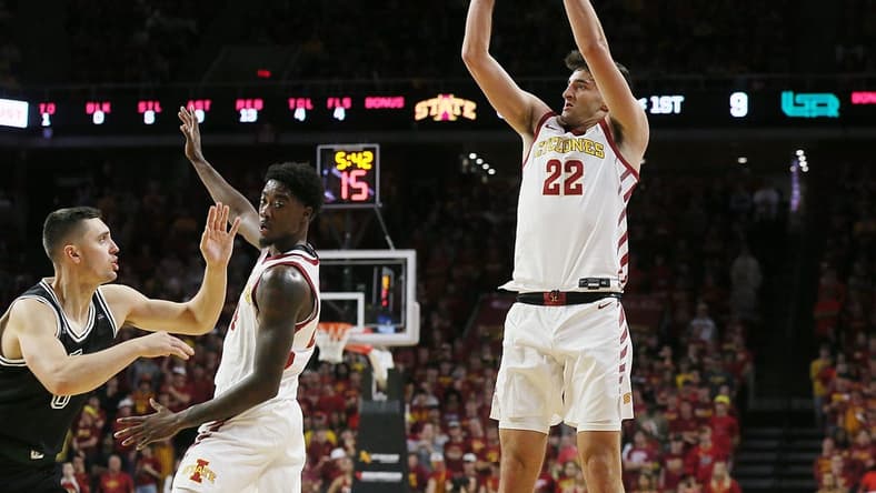 Iowa State Cyclones forward Milan Momcilovic (22) takes a three-point shot against Green Bay during the first half at Hilton Coliseum on Monday, Nov. 6, 2023, in Ames, Iowa.