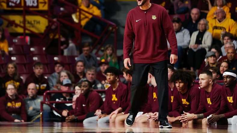 Nov 6, 2023; Minneapolis, Minnesota, USA; Minnesota Golden Gophers head coach Ben Johnson reacts during the first half against the Bethune-Cookman Wildcats at Williams Arena. Mandatory Credit: Matt Krohn-USA TODAY Sports