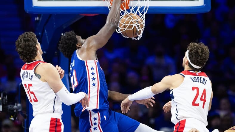Nov 6, 2023; Philadelphia, Pennsylvania, USA; Philadelphia 76ers center Joel Embiid (21) dunks the ball past Washington Wizards center Mike Muscala (35) and forward Corey Kispert (24) during the third quarter at Wells Fargo Center. Mandatory Credit: Bill Streicher-USA TODAY Sports
