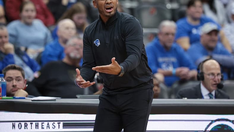 Nov 6, 2023; Newark, New Jersey, USA; Seton Hall Pirates head coach Shaheen Holloway reacts during the second half against the St. Peter's Peacocks at Prudential Center. Mandatory Credit: Vincent Carchietta-USA TODAY Sports