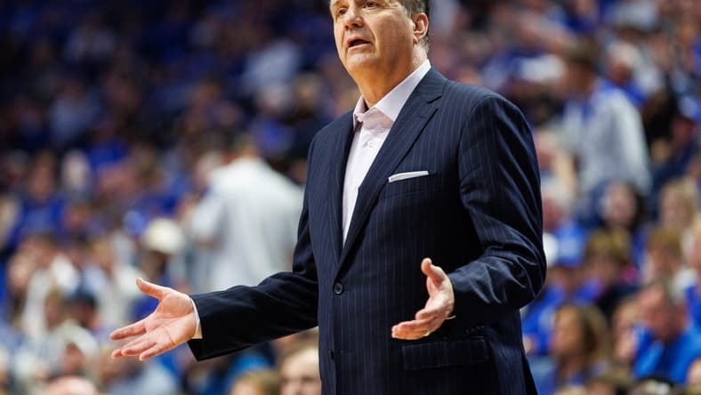 Nov 6, 2023; Lexington, Kentucky, USA; Kentucky Wildcats head coach John Calipari reacts during the second half against the New Mexico State Aggies at Rupp Arena at Central Bank Center. Mandatory Credit: Jordan Prather-USA TODAY Sports