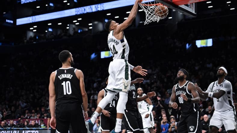 Nov 6, 2023; Brooklyn, New York, USA; Milwaukee Bucks forward Giannis Antetokounmpo (34) dunks the ball against the Brooklyn Nets during the fourth quarter at Barclays Center. Mandatory Credit: John Jones-USA TODAY Sports