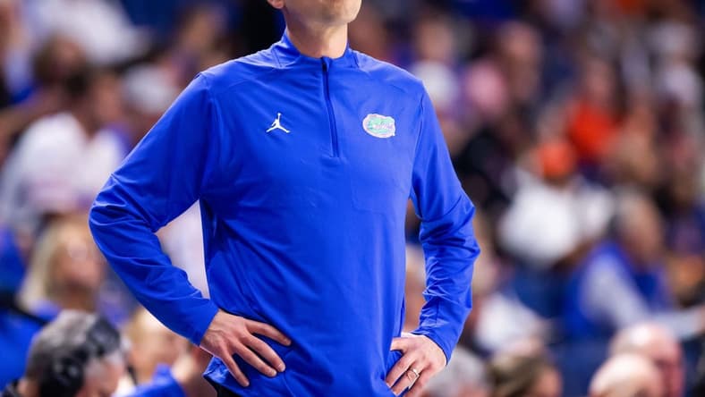 Florida Gators head coach Todd Golden grimaces from the sideline. The Florida men   s basketball team hosted the Loyola Greyhounds at Exactech Arena at the Stephen C. O   Connell Center in Gainesville, FL on Monday, November 6, 2023 in the season opener. [Doug Engle/Ocala Star Banner]