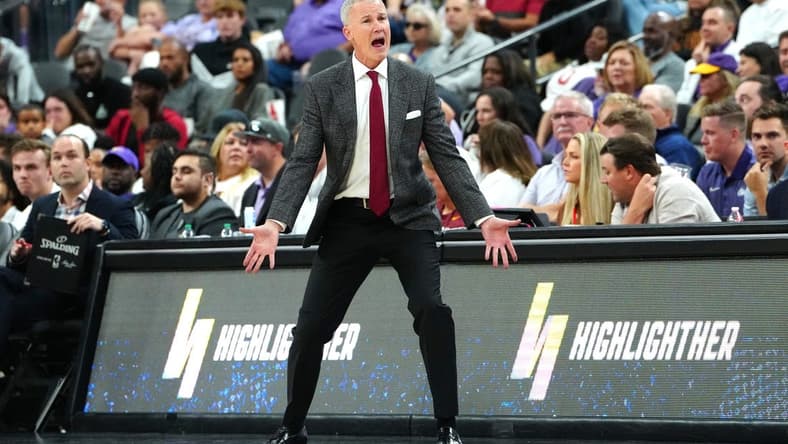 Nov 6, 2023; Las Vegas, Nevada, USA; USC Trojans head coach Andy Enfield reacts after a play against the Kansas State Wildcats during the first half at T-Mobile Arena. Mandatory Credit: Stephen R. Sylvanie-USA TODAY Sports
