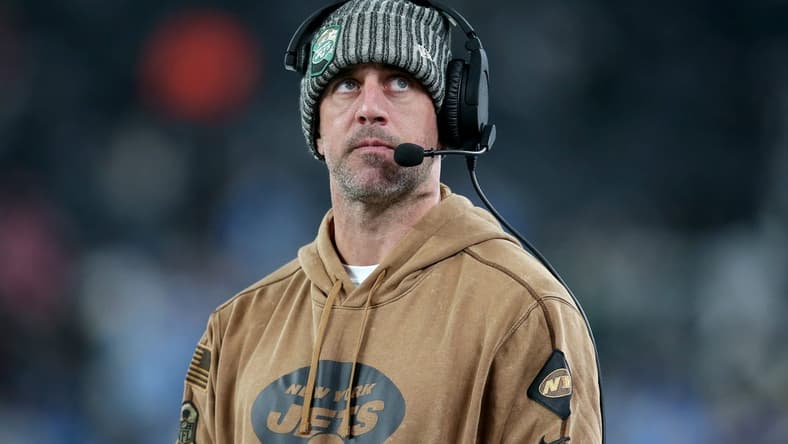 Nov 6, 2023; East Rutherford, New Jersey, USA; New York Jets injured quarterback Aaron Rodgers reacts during the fourth quarter against the Los Angeles Chargers at MetLife Stadium. Mandatory Credit: Brad Penner-USA TODAY Sports